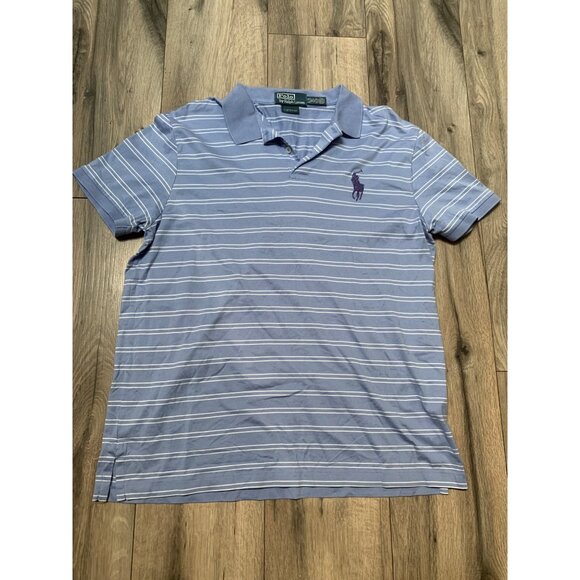 Polo by Ralph Lauren Mens L Blue White Striped Blue Medium Logo Custom Fit Polo - Picture 1 of 4